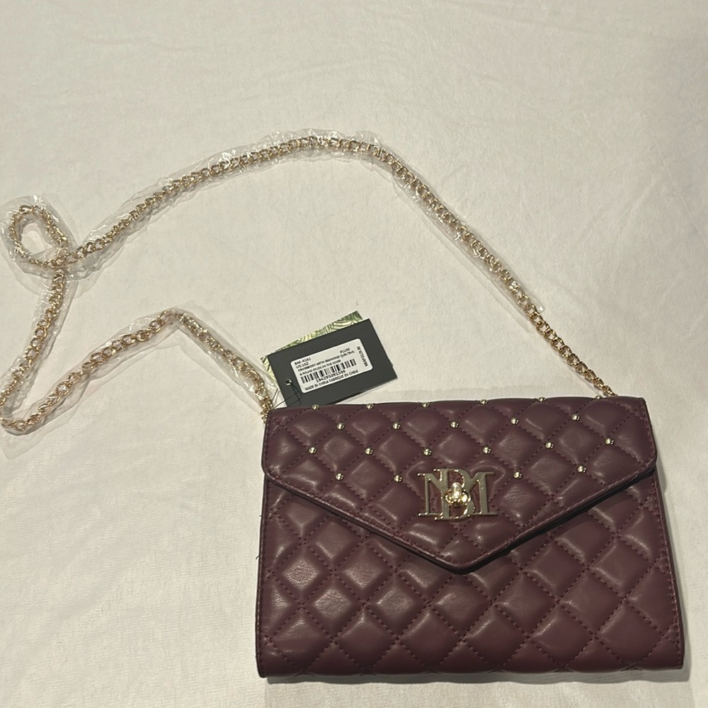 Badgley Mischka Plum Diamond Quilted Chain Crossbody New Zip Inner Pocket